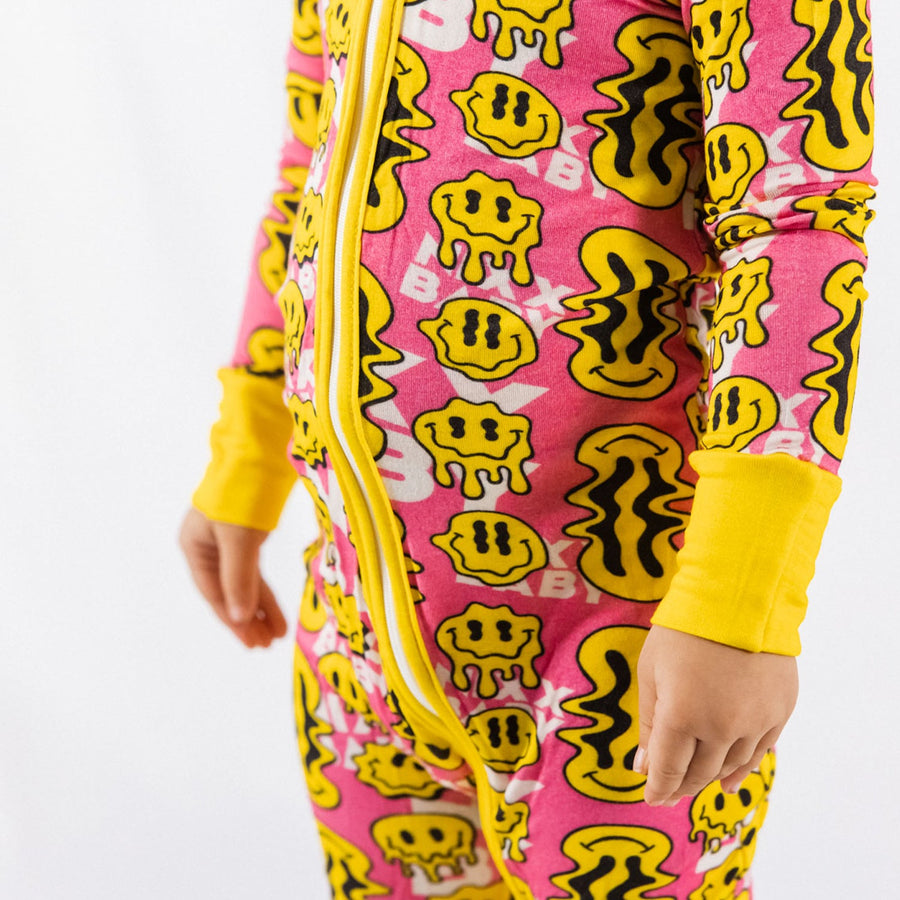 Trippy Smiles Pink Bamboo Zip Onesie - Soft Stretch Sleeper for Baby Girls by NIXX BABY at brixbailey.com