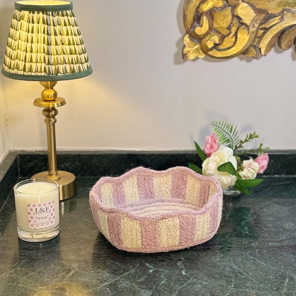 Stripy Scalloped Small Basket - Dusty Pink