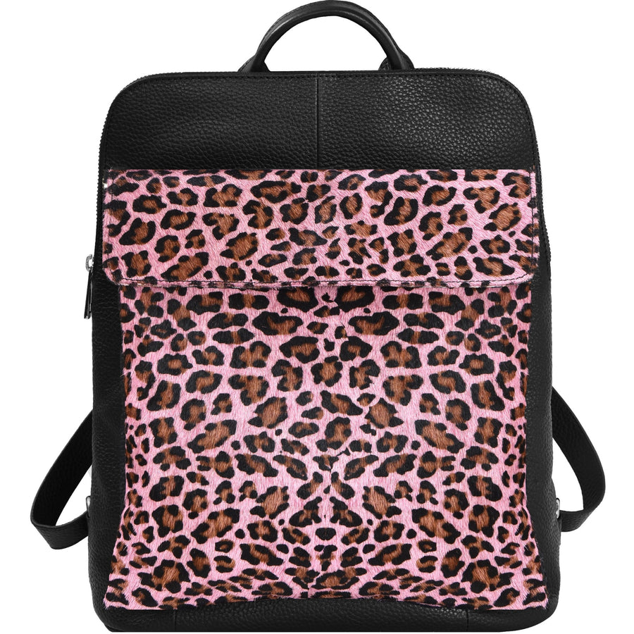 Pink Leopard Print Leather Flap Pocket Backpack Brix and Bailey Ethical Handbag Brand
