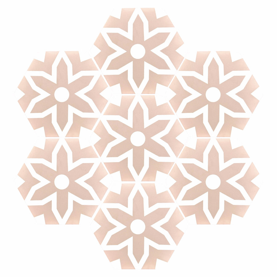 Luxury Fleur porcelain floor and wall tiles, pink and white hex pattern, anti-slip matte finish, indoor outdoor use by Maria Starling Design at brixbailey.com