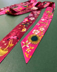 Hot pink Silk satin 'Mirasol' Ultra Skinny silk scarf with sunflowers
