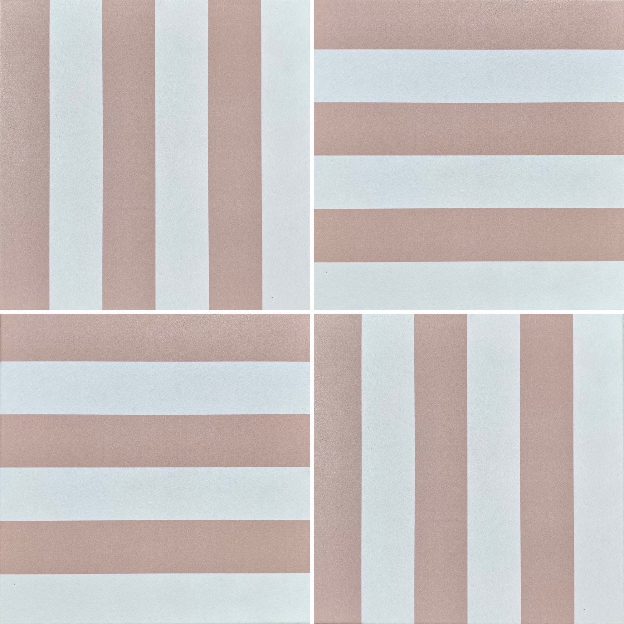 Pink stripe porcelain tile, luxury durable anti-slip outdoor indoor tile, premium stylish pink stripes design, best-selling hardwearing 20x20cm tile by Maria Starling Design at brixbailey.com