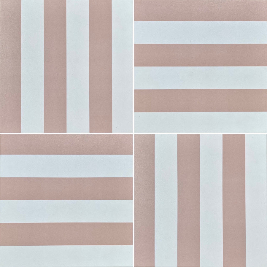 Pink stripe porcelain tile, luxury durable anti-slip outdoor indoor tile, premium stylish pink stripes design, best-selling hardwearing 20x20cm tile by Maria Starling Design at brixbailey.com