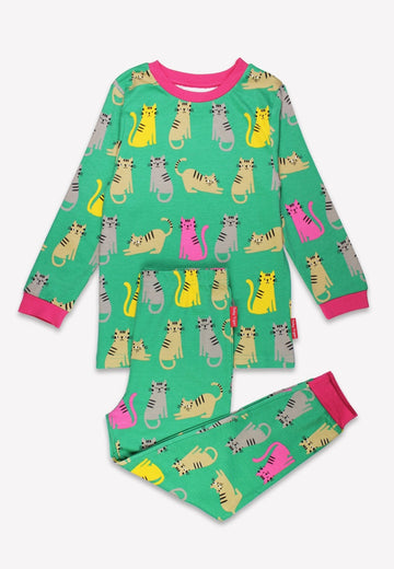 Cozy Organic Cotton Cat Print Two-Piece Kids Pajama Set in Pink, Yellow and Gray, GOTS Certified by Toby Tiger at brixbailey.com