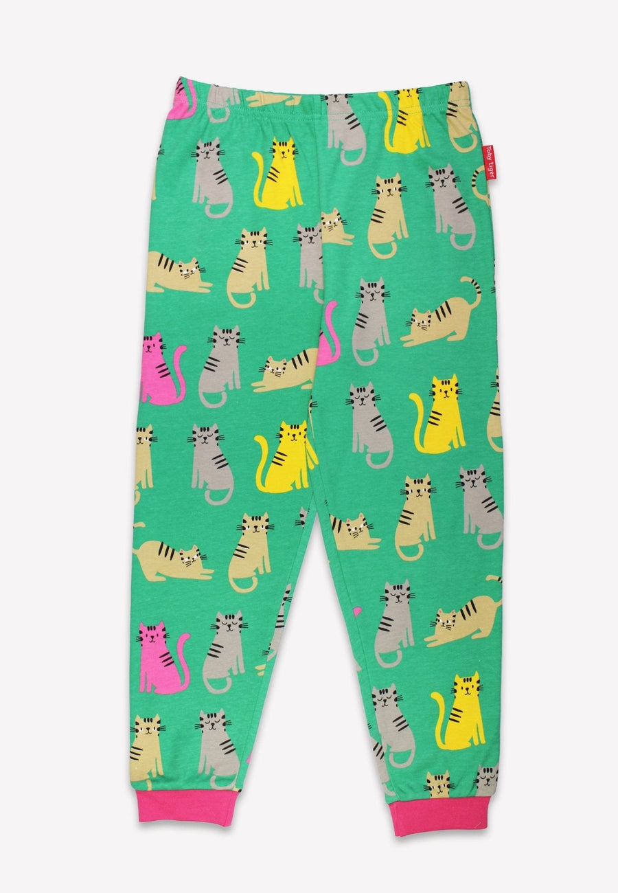 Cozy Organic Cotton Cat Print Two-Piece Pajama Set for Kids in Pink, Yellow and Gray with Stylish Pink Trim by Toby Tiger at brixbailey.com