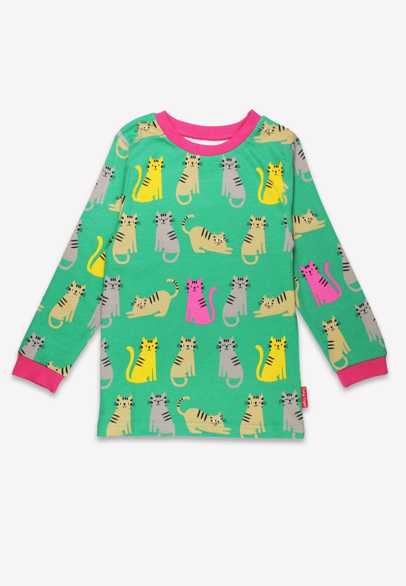 Cozy Organic Cotton Cat Print Two-Piece Pajama Set for Kids in Pink, Yellow and Gray by Toby Tiger at brixbailey.com
