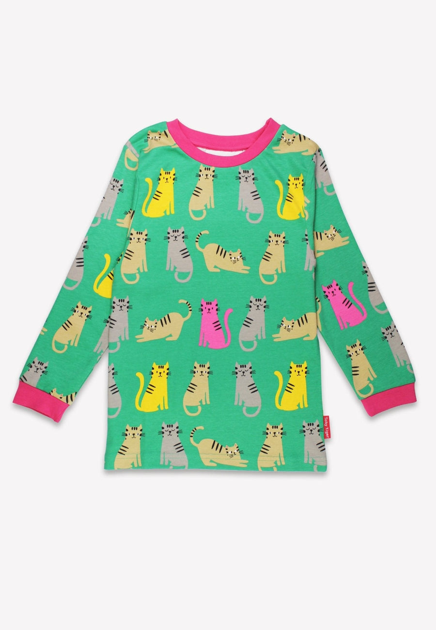 Cozy Organic Cotton Cat Print Two-Piece Pajama Set for Kids in Pink, Yellow and Gray by Toby Tiger at brixbailey.com