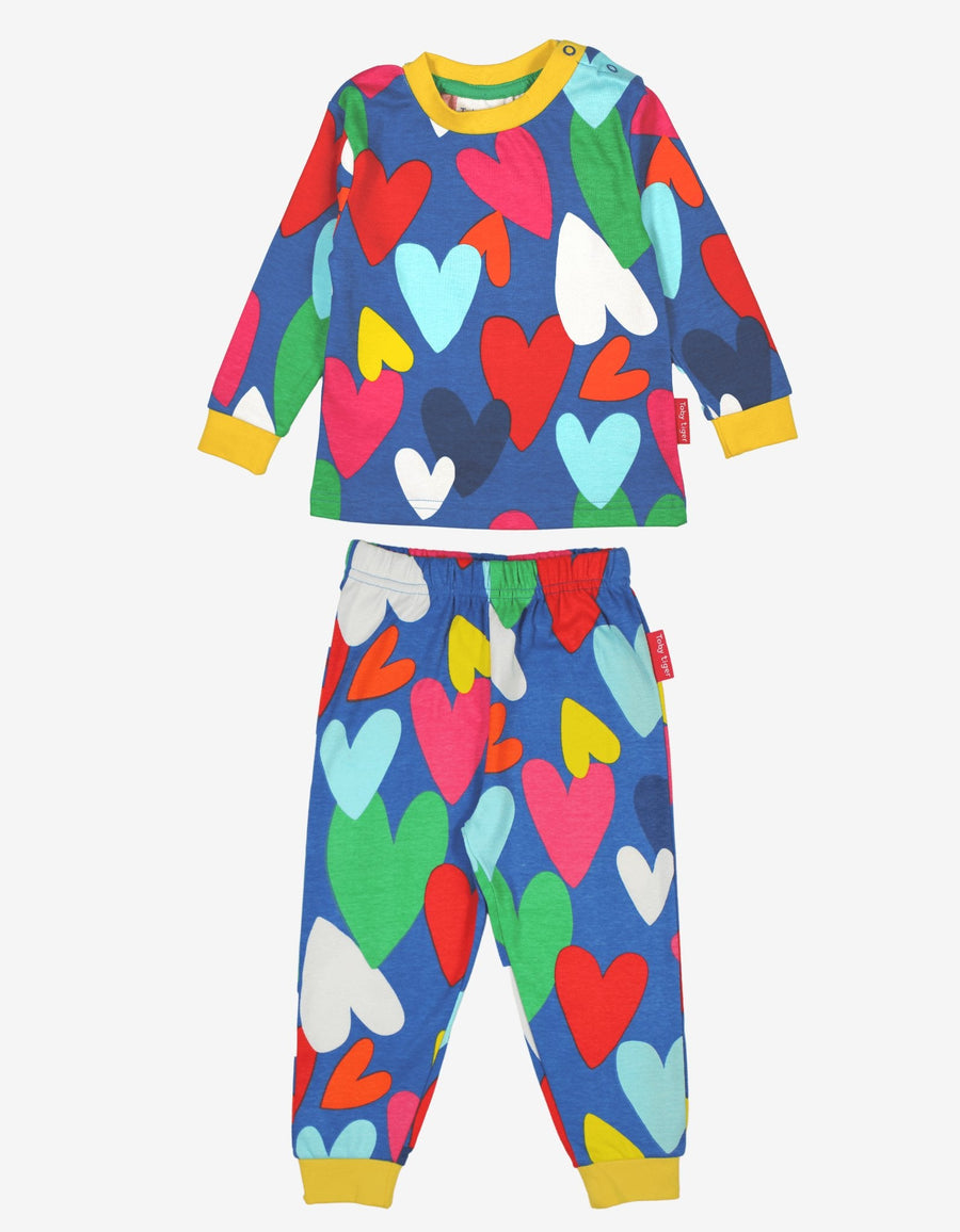 Luxury premium organic cotton pajamas with hand-drawn heart print, soft Toby Tiger fabric, light blue and yellow trim, GOTS certified by Toby Tiger at brixbailey.com
