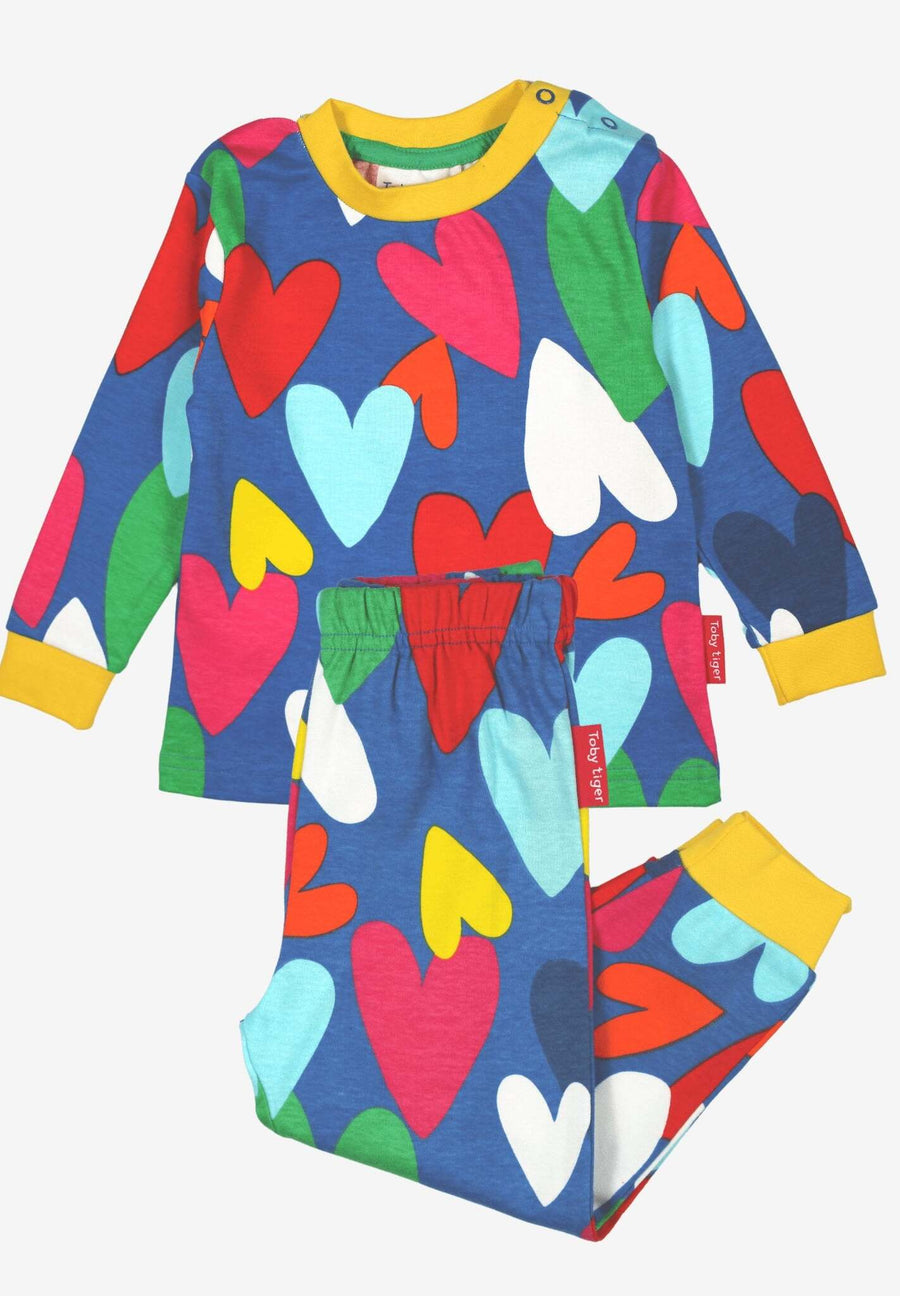 Premium baby sleepwear with hand-drawn heart print on light blue Toby Tiger fabric, soft organic cotton, yellow trim by Toby Tiger at brixbailey.com