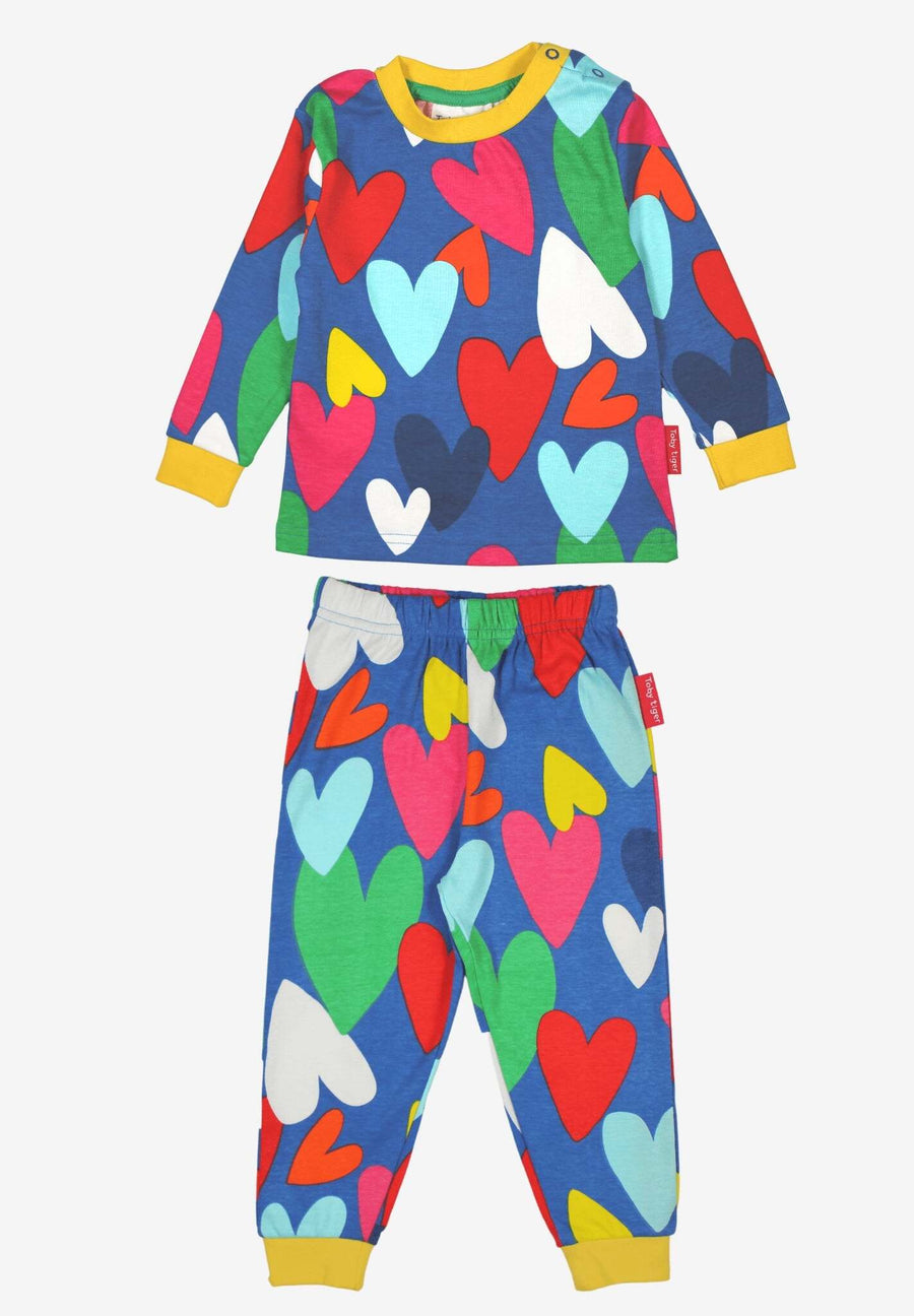 Luxury organic cotton pajamas with hand-drawn heart print on light blue Toby Tiger fabric, soft and breathable for restful sleep by Toby Tiger at brixbailey.com