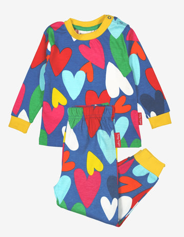 Luxury premium organic cotton pajamas with hand-drawn heart print, soft Toby Tiger fabric, light blue and yellow trim, GOTS certified by Toby Tiger at brixbailey.com