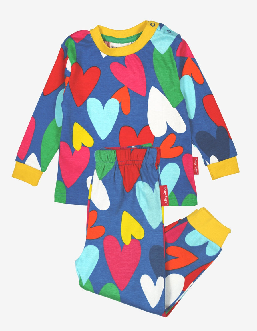 Luxury premium organic cotton pajamas with hand-drawn heart print, soft Toby Tiger fabric, light blue and yellow trim, GOTS certified by Toby Tiger at brixbailey.com