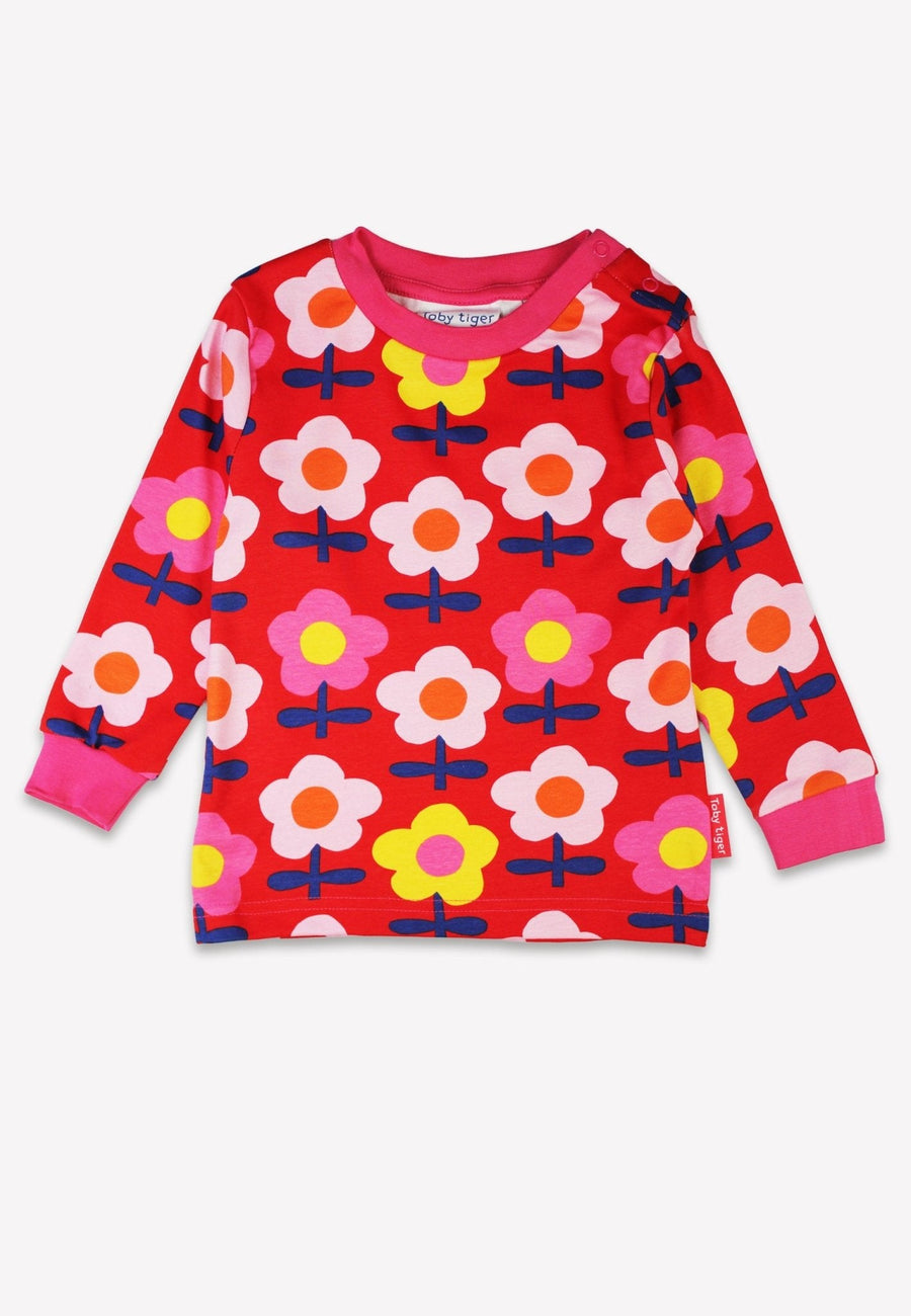Stylish Retro Floral Print Organic Cotton Two-Piece Kids Pyjama Set in Pink by Toby Tiger at brixbailey.com