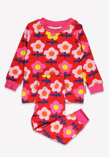 Stylish Retro Floral Print Organic Cotton Two-Piece Pyjama Set for Kids in Pink by Toby Tiger at brixbailey.com
