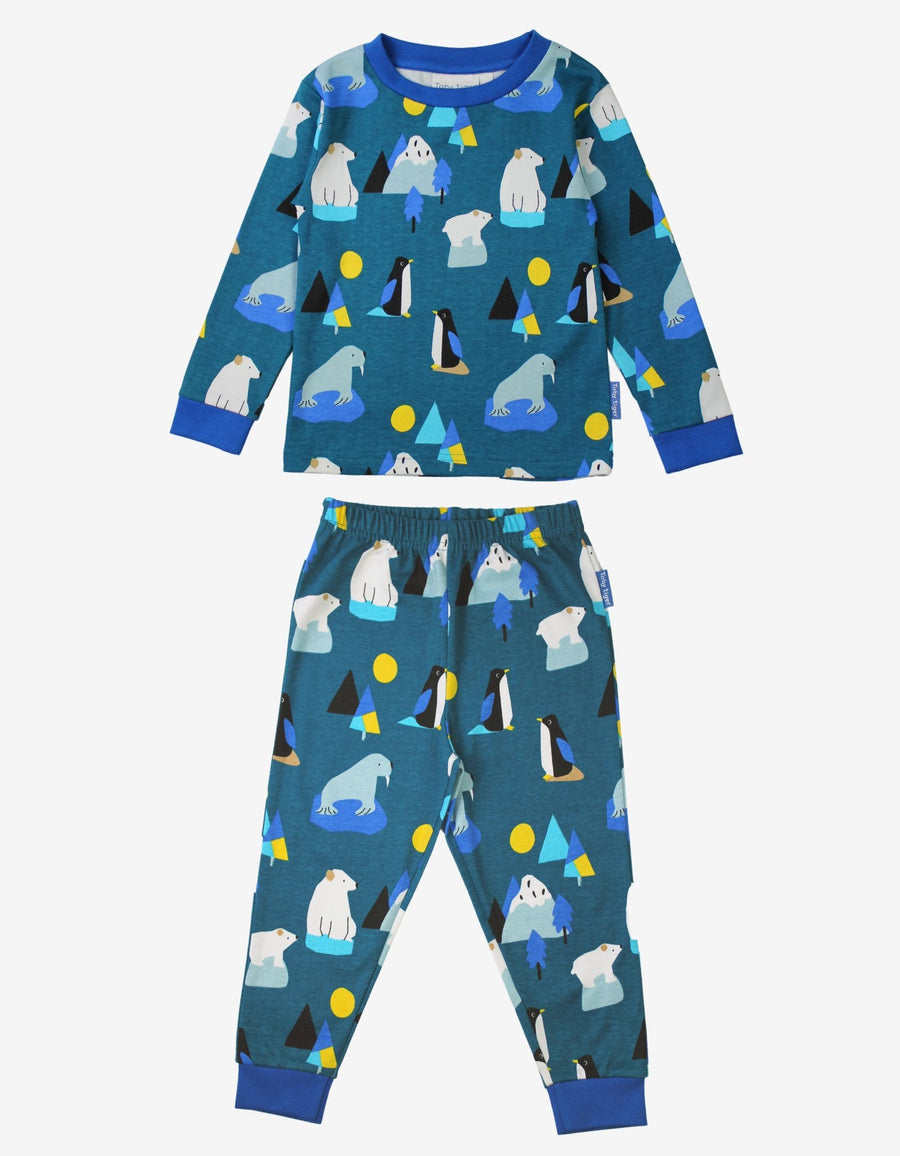 Premium kids organic cotton pajama set with arctic animal print, cozy blue penguin walrus polar bear sleepwear, soft GOTS certified bedtime pjs by Toby Tiger at brixbailey.com