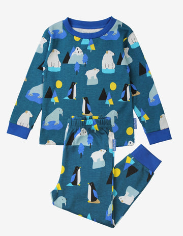 Premium kids organic cotton pajama set with arctic animal print, cozy blue penguin walrus polar bear design, soft GOTS certified sleepwear by Toby Tiger at brixbailey.com
