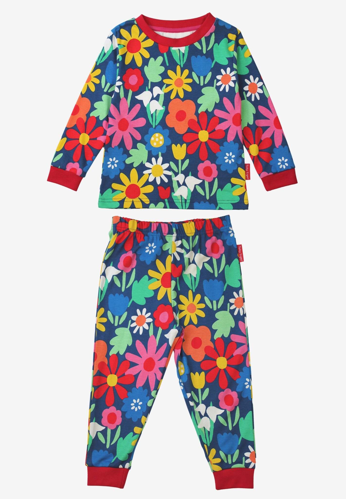 Premium organic cotton pajamas with floral print, cozy sleepwear for kids, stylish dark blue with snowdrops daisies tulips, soft comfortable Toby Tiger design by Toby Tiger at brixbailey.com