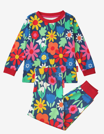 Premium organic cotton pajamas with floral print, cozy dark blue sleepwear for kids, stylish Toby Tiger design, soft GOTS-certified fabric by Toby Tiger at brixbailey.com