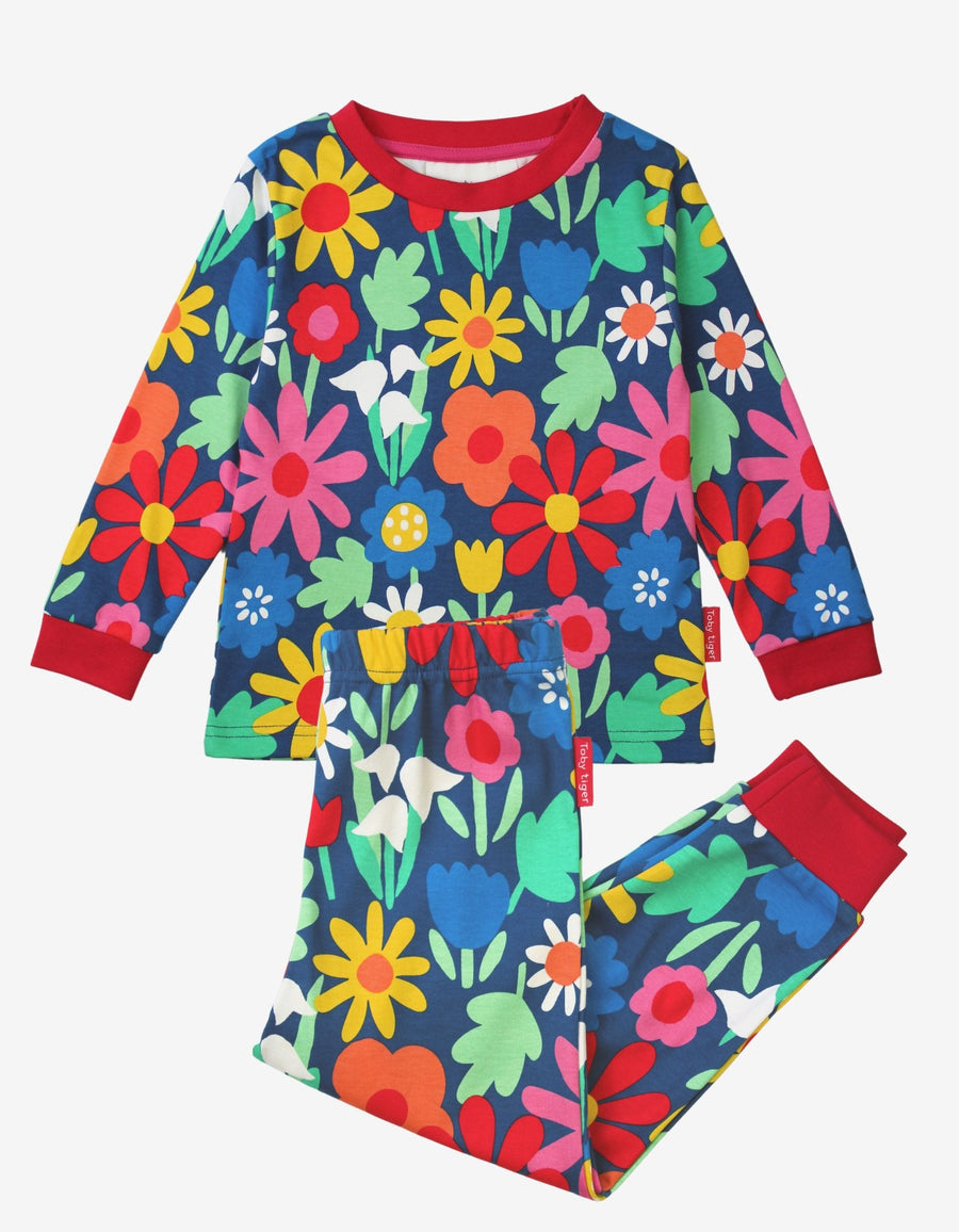 Premium organic cotton pajamas with floral print, cozy dark blue sleepwear for kids, stylish Toby Tiger design, soft GOTS-certified fabric by Toby Tiger at brixbailey.com