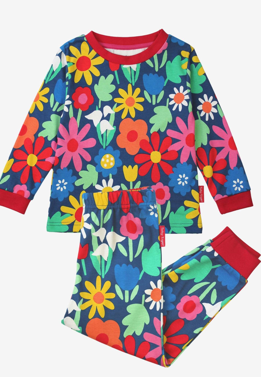 Premium organic cotton pajama set with floral print, soft blue snowdrop daisy tulip design, cozy comfortable kids sleepwear by Toby Tiger at brixbailey.com