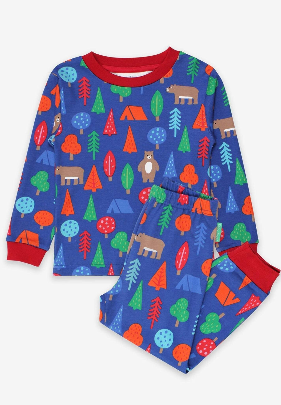 Premium organic cotton kids pajama set, cozy two-piece with camping bear print, soft GOTS-certified fabric, machine washable by Toby Tiger at brixbailey.com