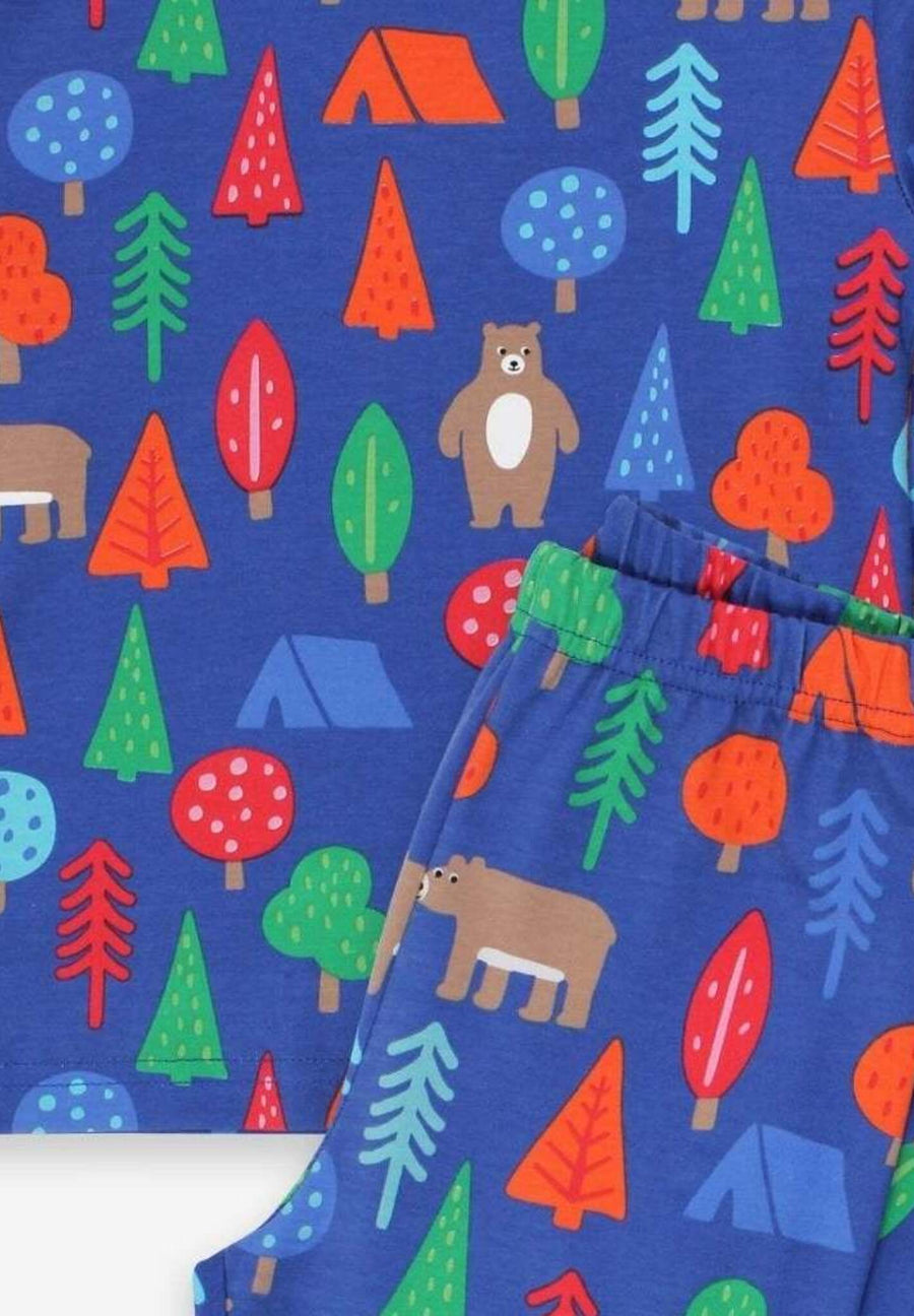 Premium organic cotton kids pajama set, cozy two-piece with camping bear print, soft GOTS-certified fabric, snap buttons, eco-friendly dyes by Toby Tiger at brixbailey.com