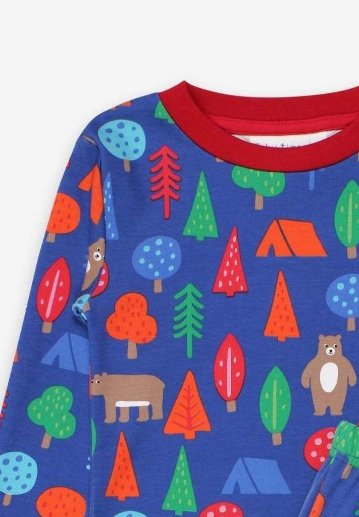 Premium organic cotton kids pajama set, cozy two-piece with camping bear print, soft GOTS-certified fabric, eco-friendly dyes by Toby Tiger at brixbailey.com