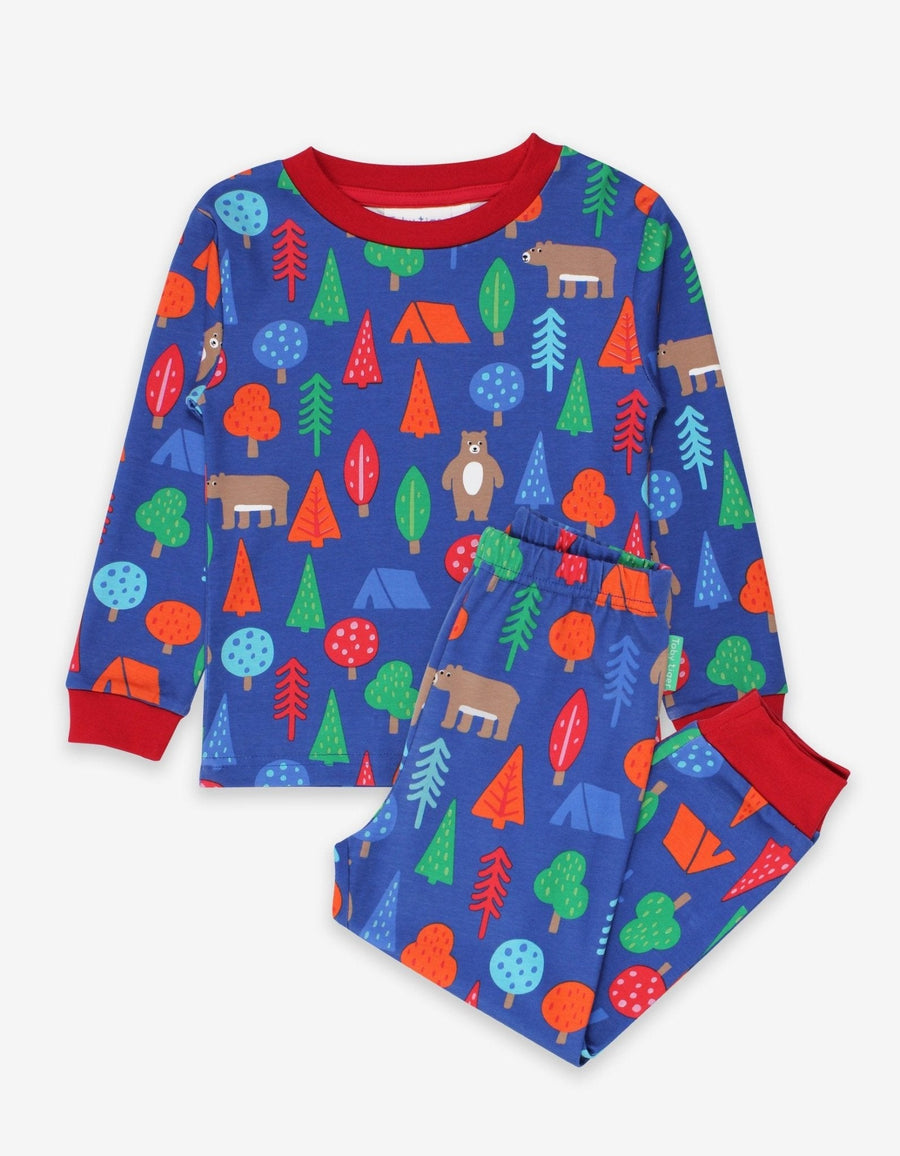 Premium two-piece organic cotton pajama set with camping bear print, soft certified GOTS fabric, elastic cuffs, snap buttons by Toby Tiger at brixbailey.com
