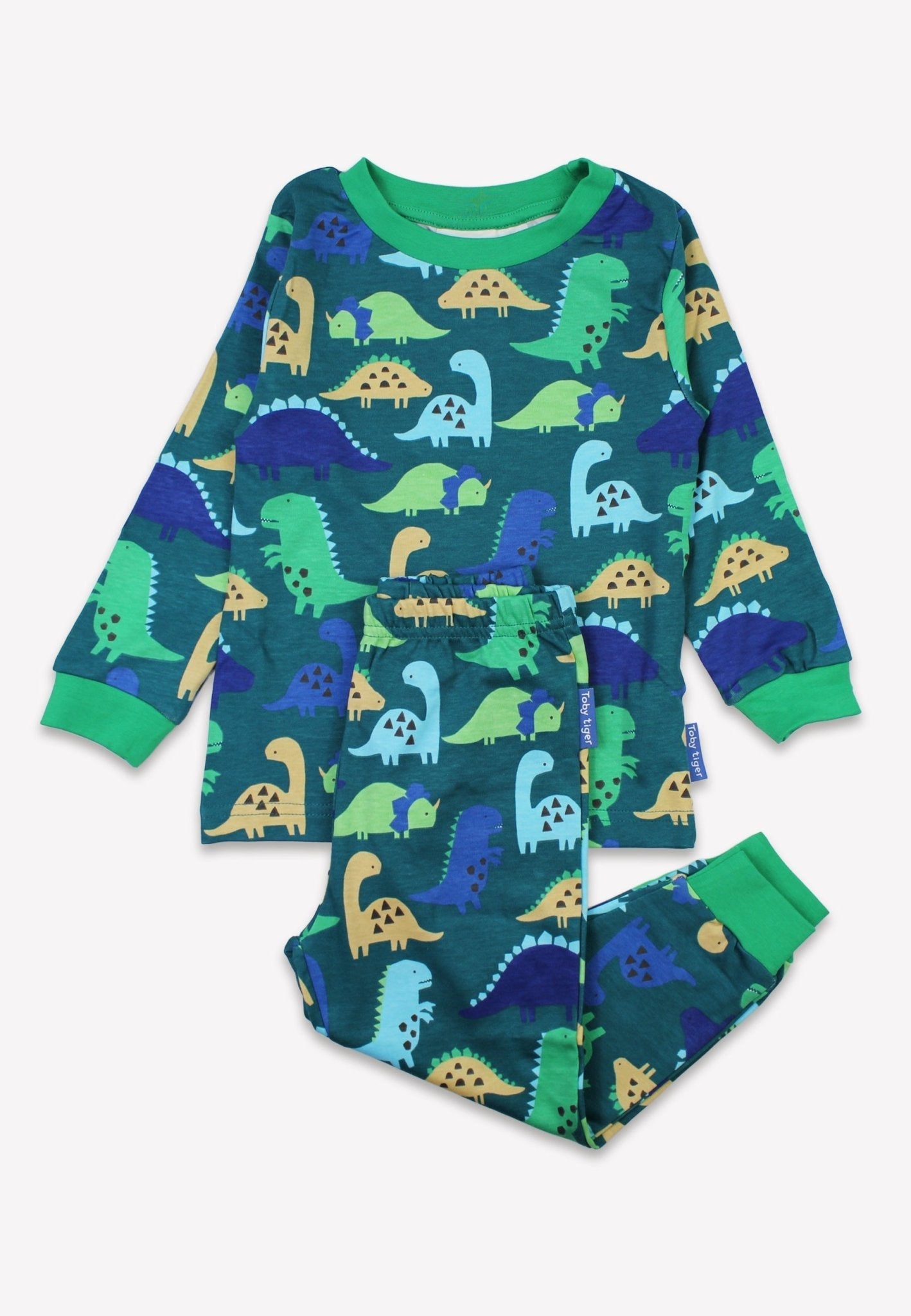 Premium Green and Blue Dinosaur Print Organic Cotton Kids Pajama Set, Soft GOTS Certified Two-Piece PJs with Eco-Friendly Colors by Toby Tiger at brixbailey.com