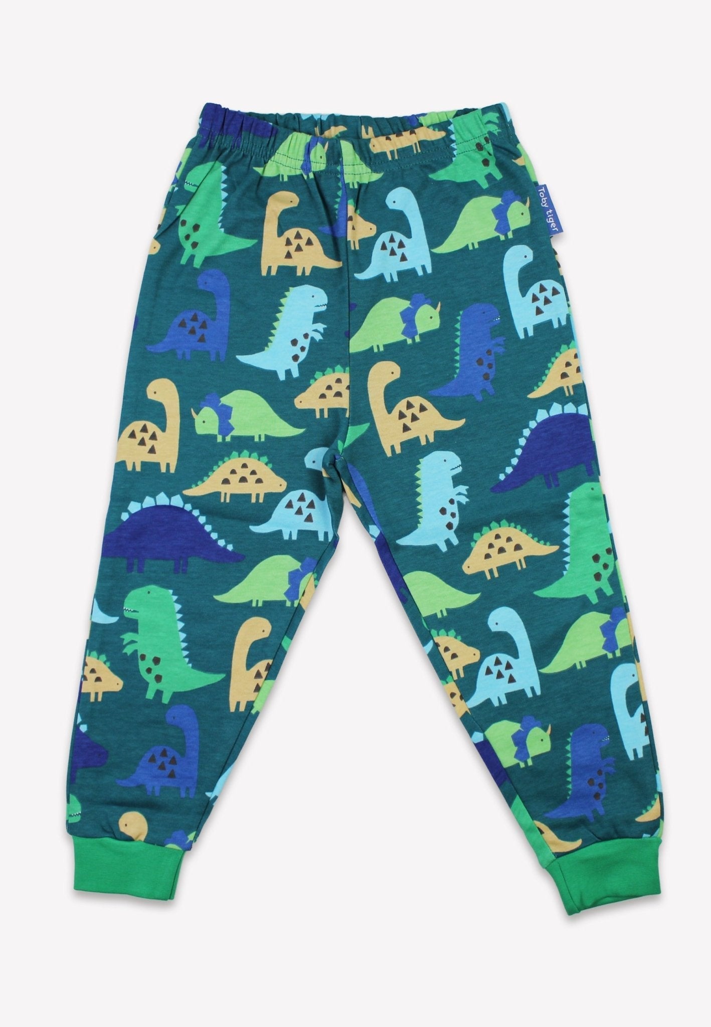 Premium Green and Blue Dinosaur Print Organic Cotton Kids Pajama Set, Soft GOTS Certified Eco-Friendly Sleepwear by Toby Tiger at brixbailey.com