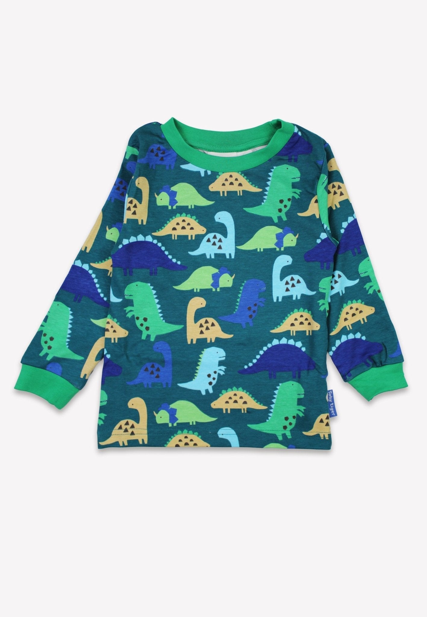 Adventurous Green and Blue Dinosaur Print Organic Cotton Kids Pajama Set, Premium Soft GOTS Certified Sleepwear by Toby Tiger at brixbailey.com