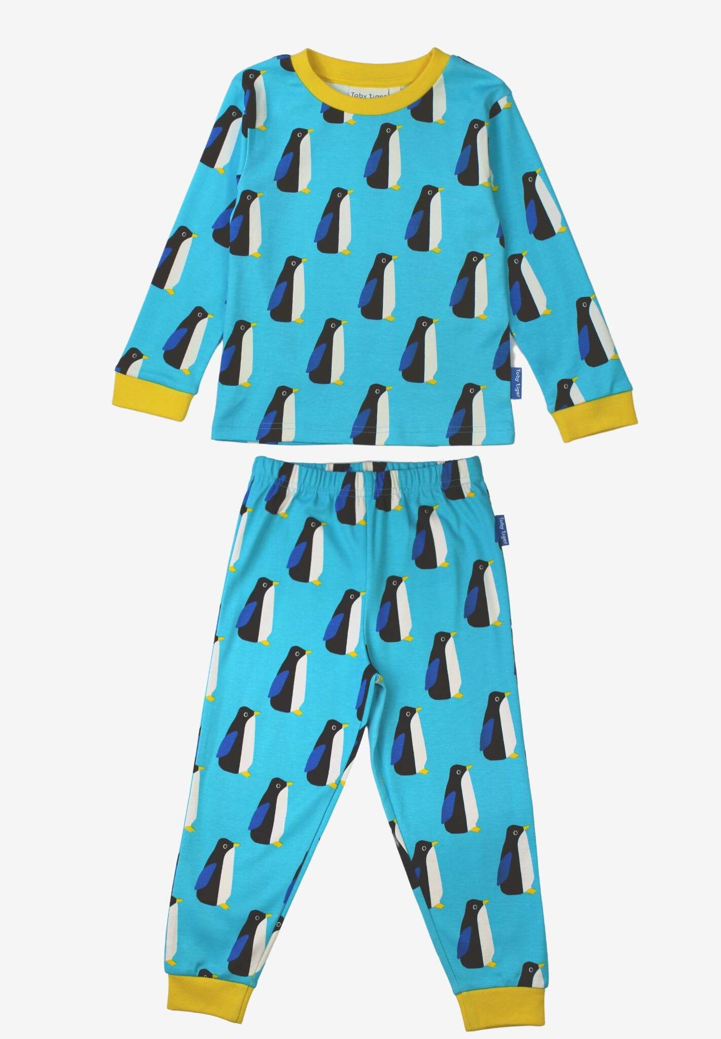 Premium Organic Cotton Kids Pajama Set with Adorable Penguin Print, Soft Blue and Yellow Trim, Toby Tiger Design by Toby Tiger at brixbailey.com