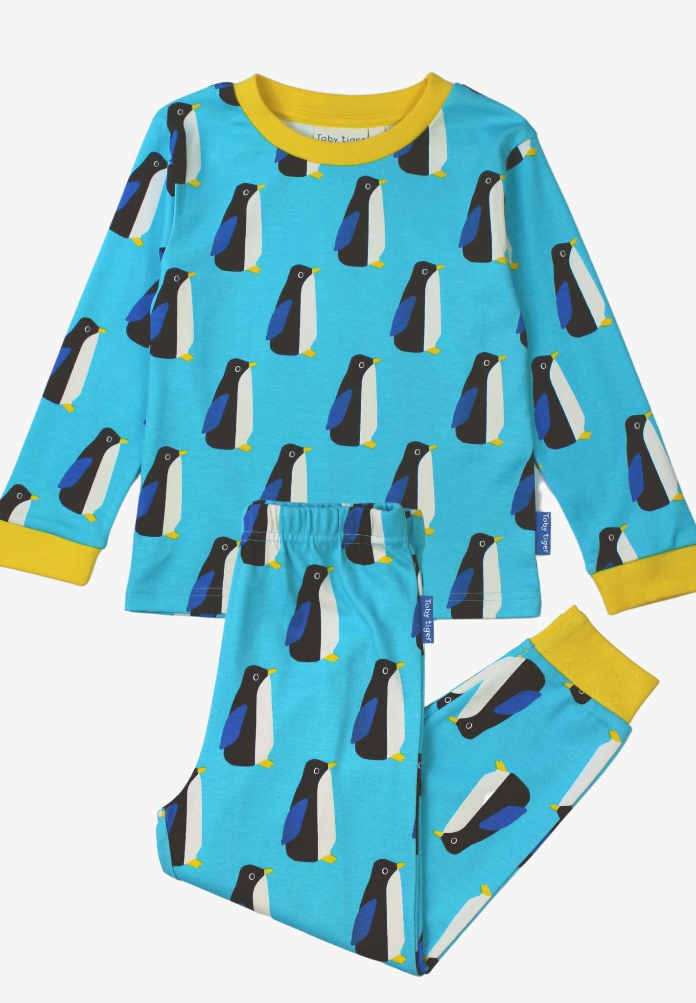 Premium Organic Cotton Kids Pajama Set with Adorable Penguin Print, Soft Blue and Yellow Trim, GOTS Certified by Toby Tiger at brixbailey.com