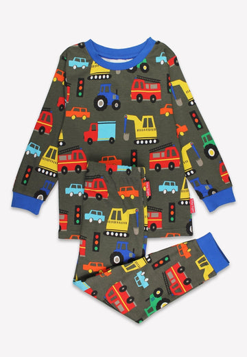 Premium GOTS Certified Organic Cotton Kids Pajama Set with Fun Vehicle Print, Soft and Skin-Friendly Sleepwear for Little Car Fans by Toby Tiger at brixbailey.com