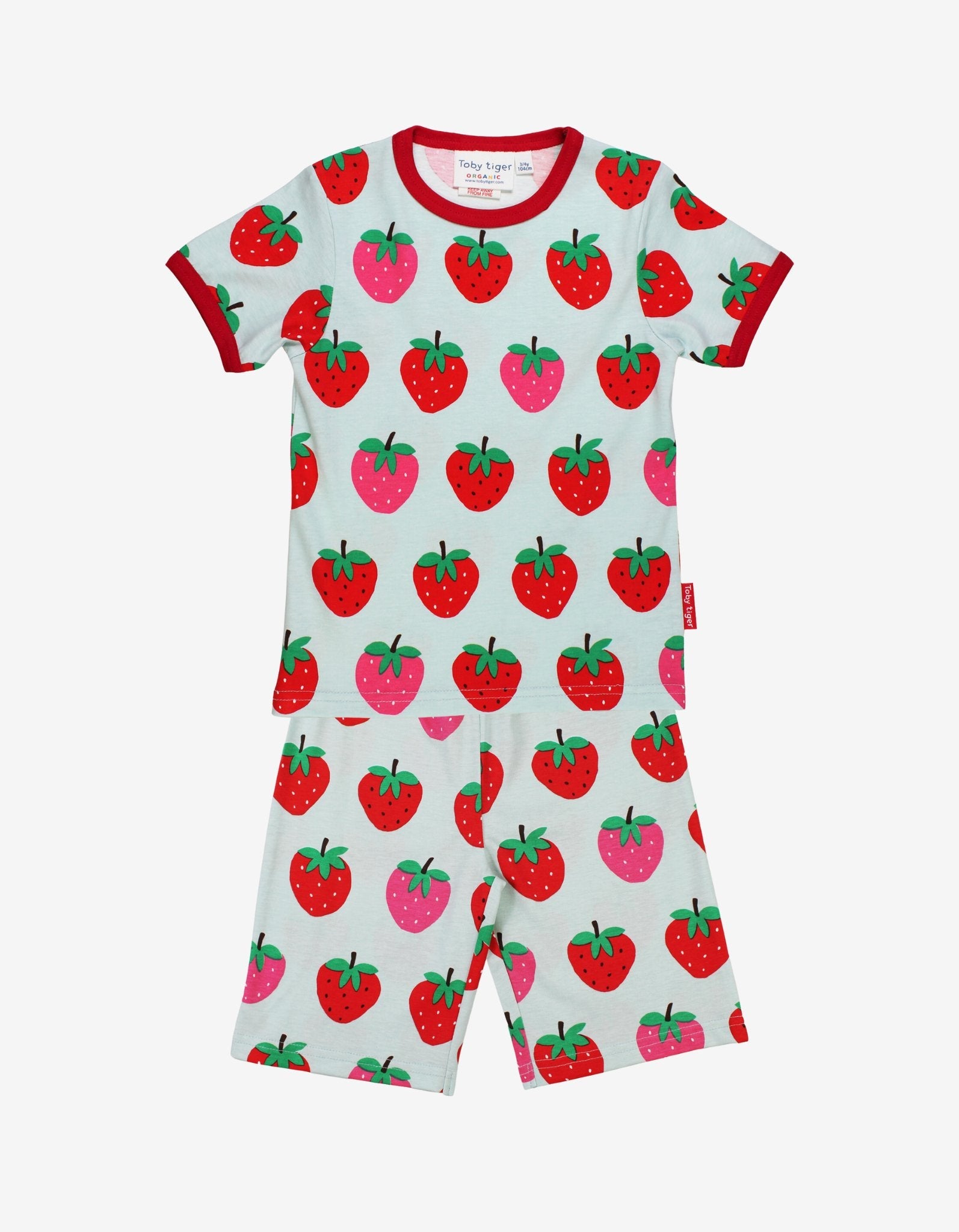 Premium Organic Strawberry Print Kids Pajama Set - Soft 2-Piece Blue PJs with Red and Pink Strawberries, GOTS Certified Cotton by Toby Tiger at brixbailey.com