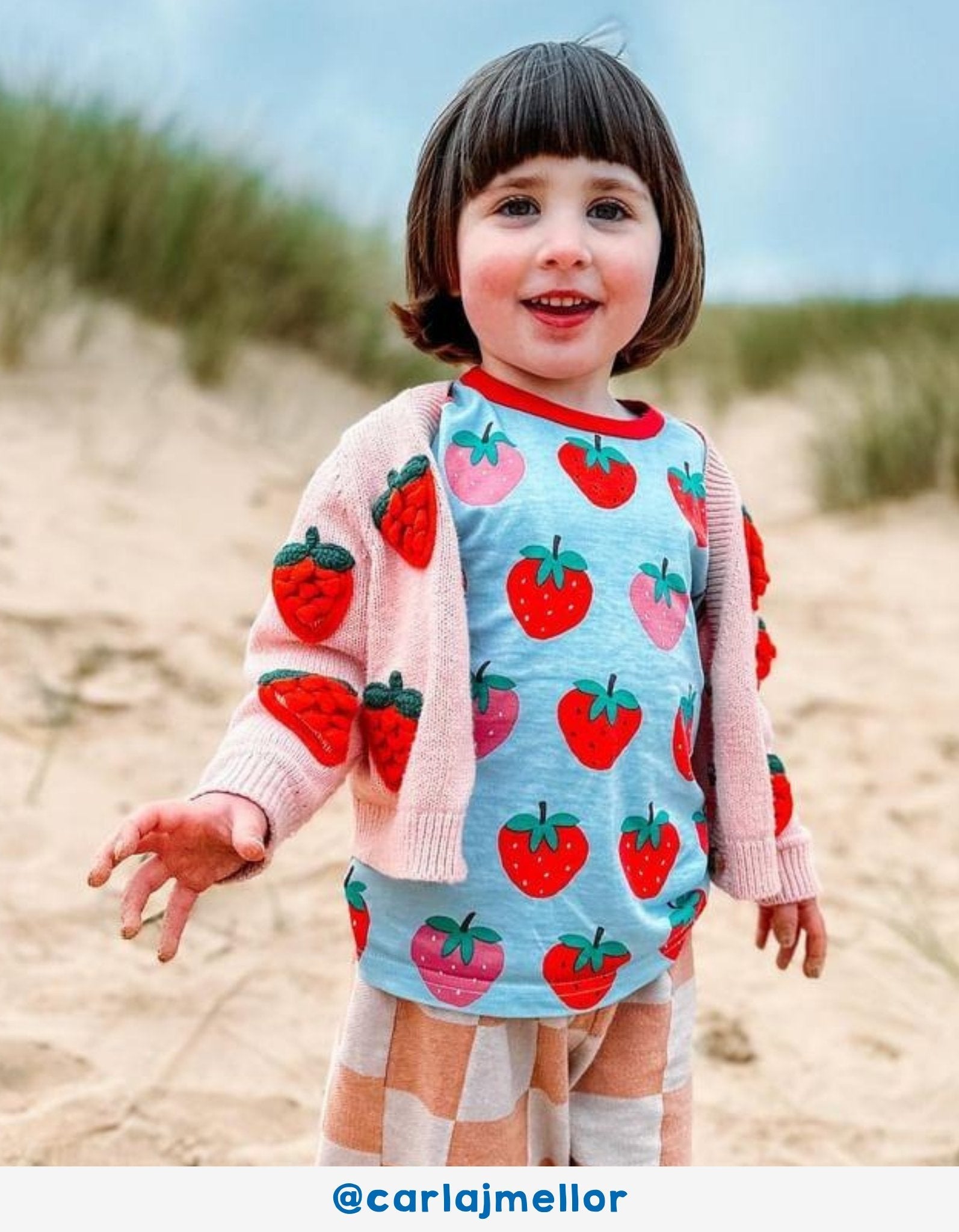 Premium Organic Strawberry Print Kids Pajama Set - Soft 2-Piece Blue PJs with Red and Pink Strawberries, GOTS Certified Cotton by Toby Tiger at brixbailey.com