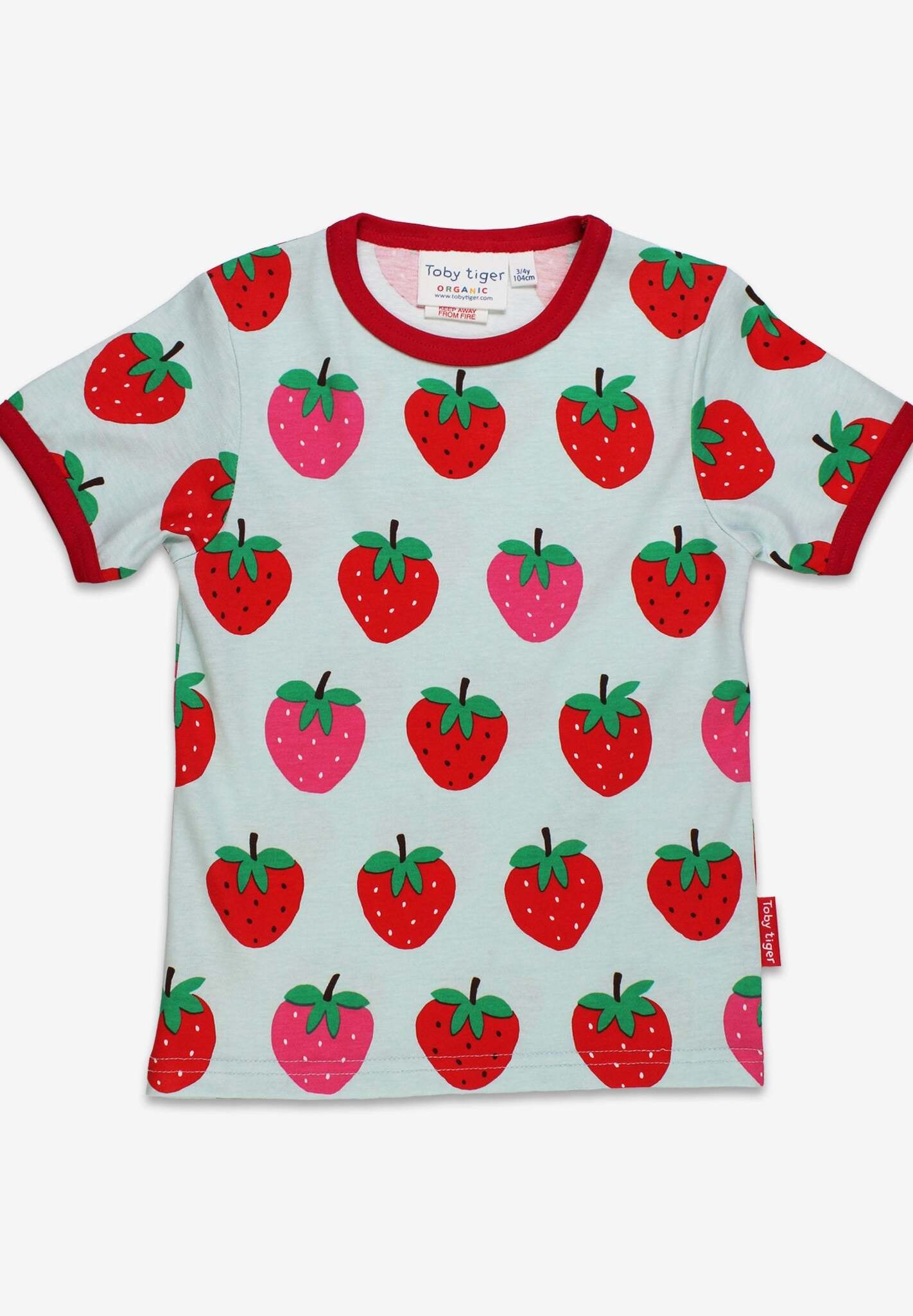 Premium Organic Strawberry Print Kids Pajama Set - Soft 2-Piece Blue PJs with Red and Pink Strawberries, GOTS Certified Cotton by Toby Tiger at brixbailey.com