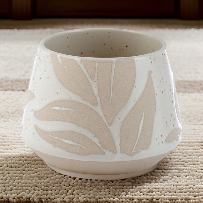 Minimalist ceramic plant pot with delicate Hesperantha flower detail, elegant home decor, stylish planter or candle holder by Ralph's Orchard at brixbailey.com