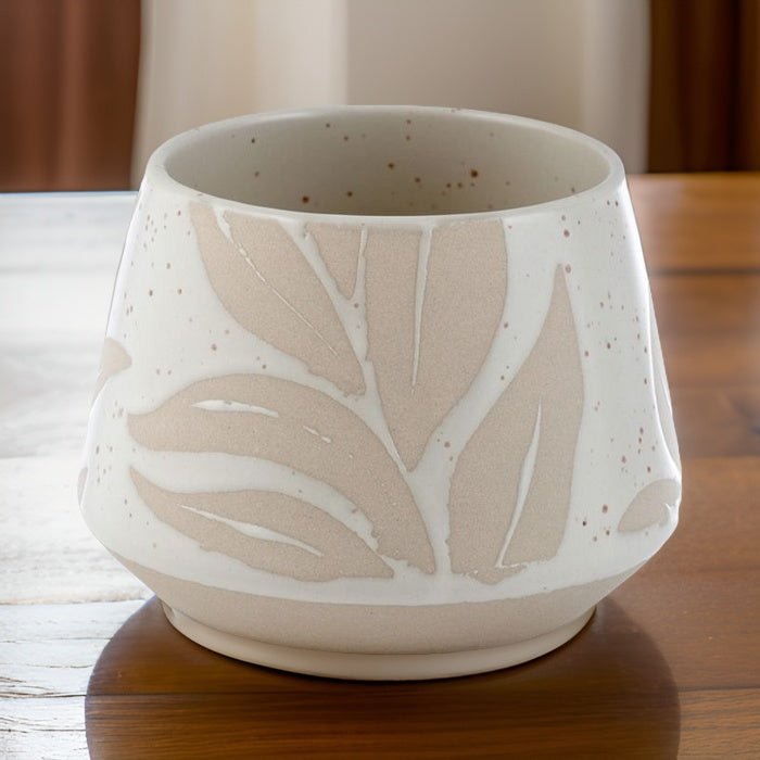 Minimalist ceramic plant pot with Hesperantha flower detail, stylish home decor, luxury candle holder, handcrafted gift box by Ralph's Orchard at brixbailey.com