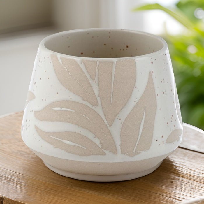Minimalist ceramic plant pot with Hesperantha flower detail, stylish home decor for succulents or candles by Ralph's Orchard at brixbailey.com