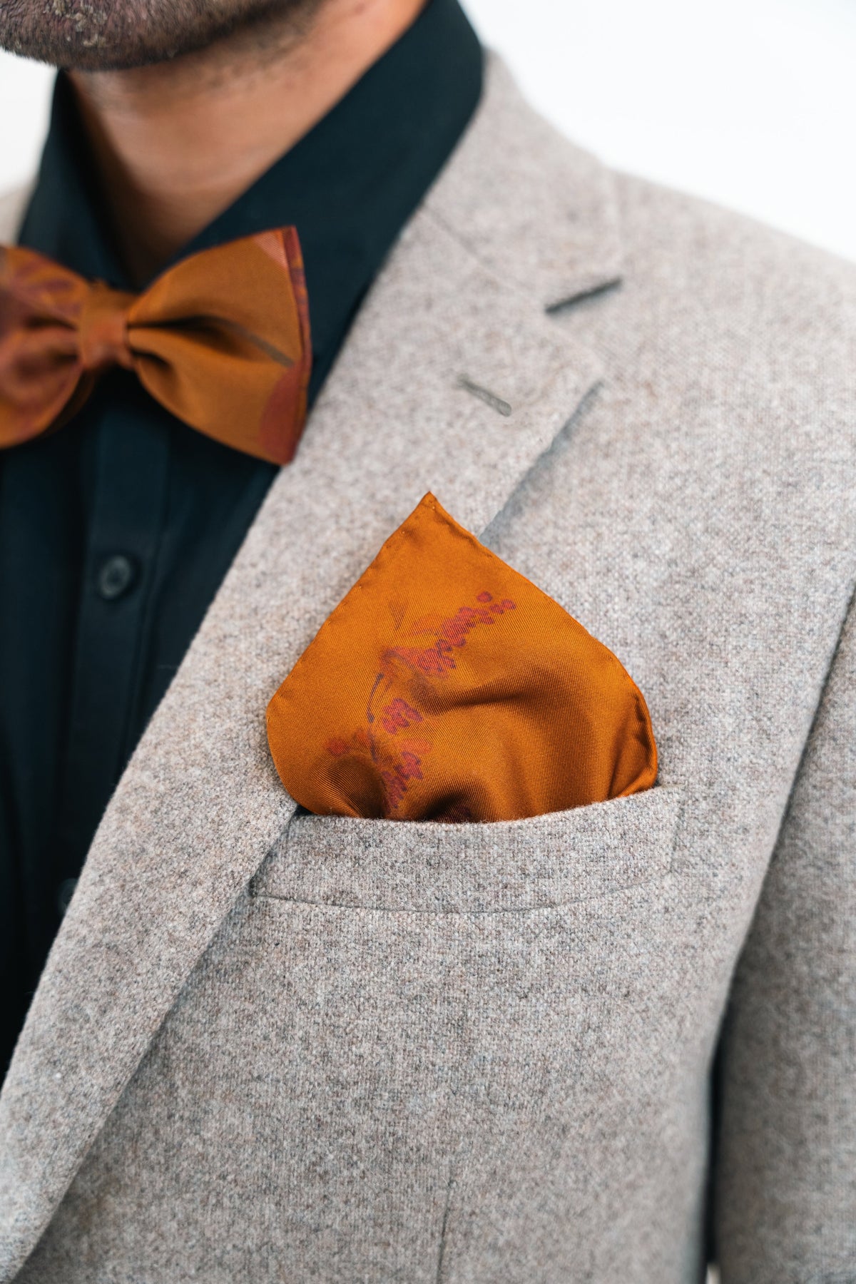 Rust floral Silk Pocket Square and Bow tie in 'Ember' robin print