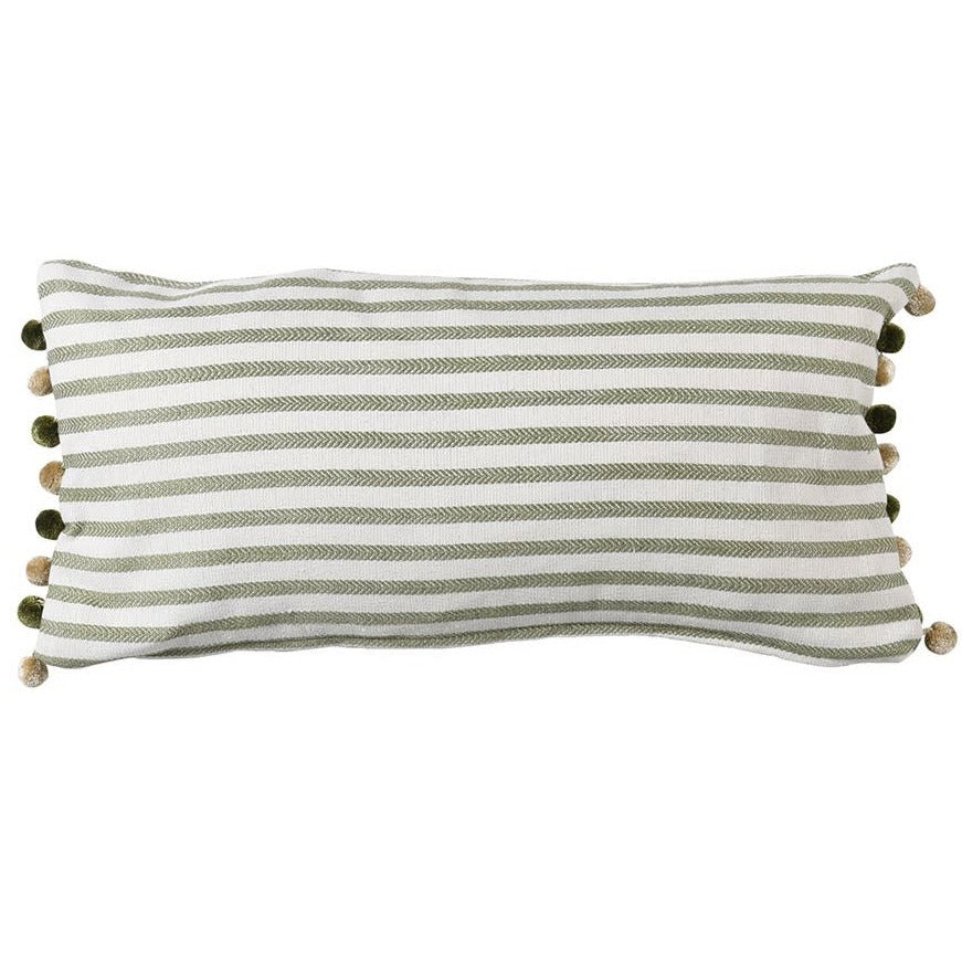Luxury sage stripe pompom cushion, stylish oblong design with recycled cotton and duck feather filling, green pompom trim by Ella James at brixbailey.com