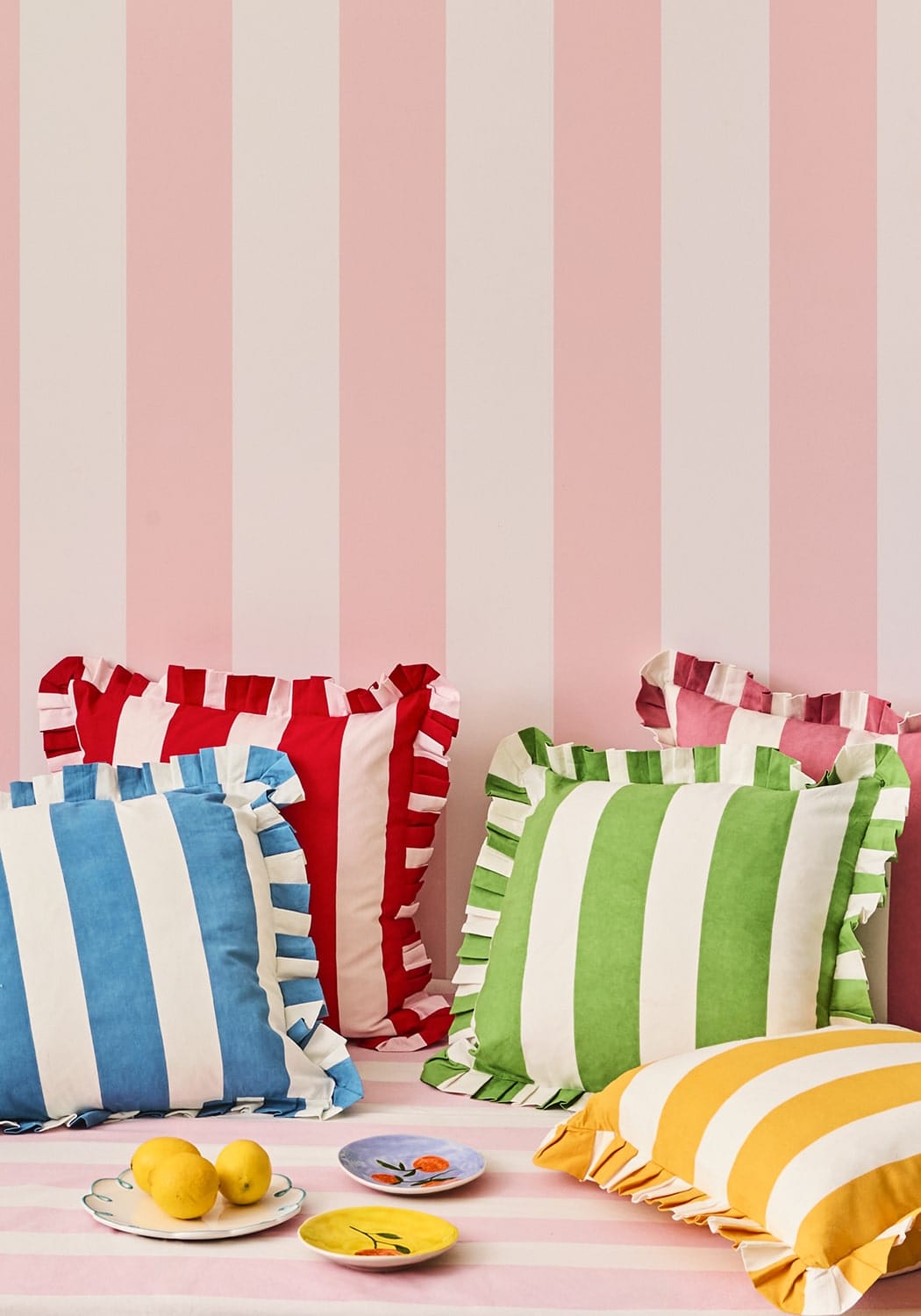 Red Cabana Stripe Ruffled Cushion Cover