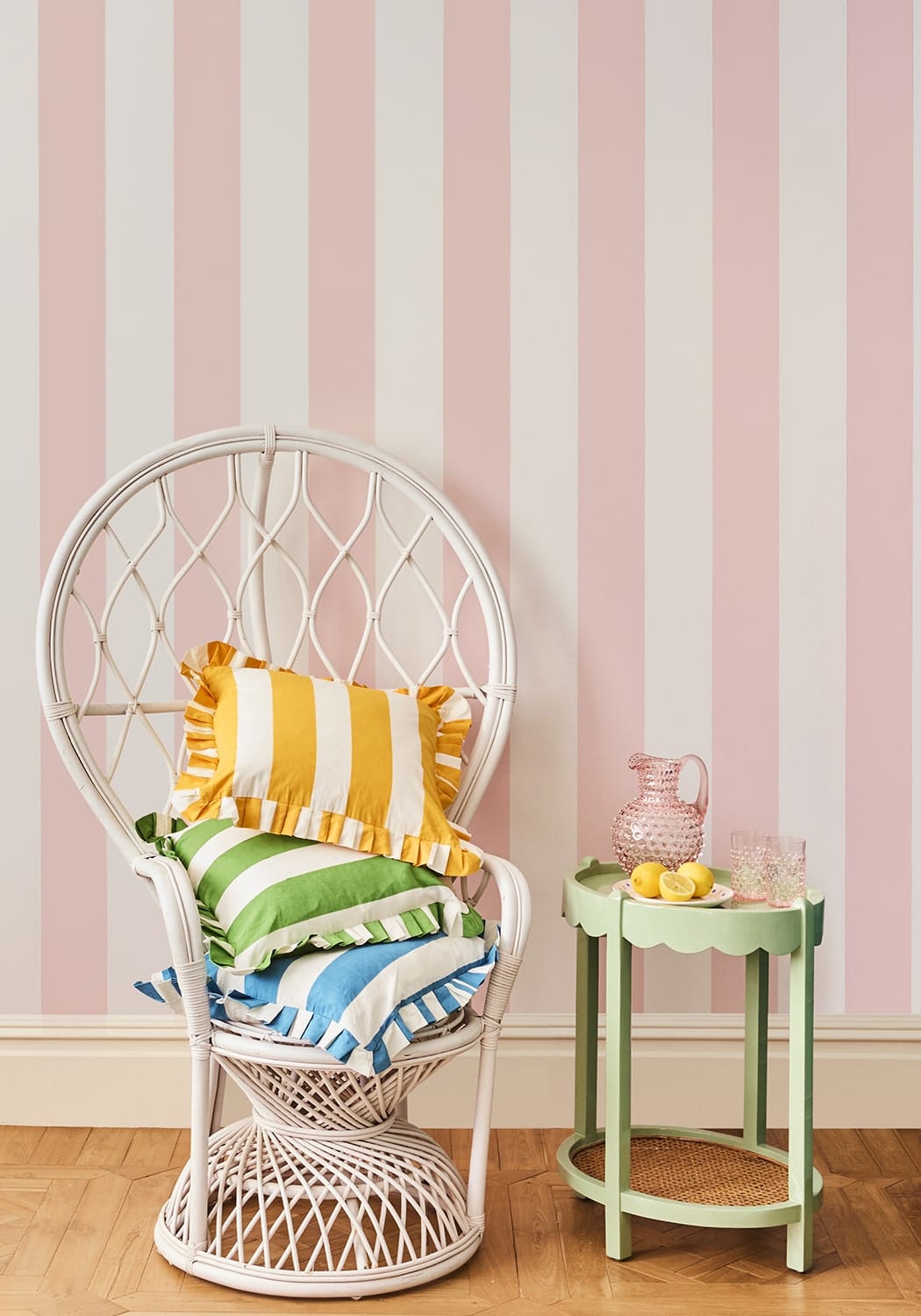 Green Cabana Stripe Ruffled Cushion Cover