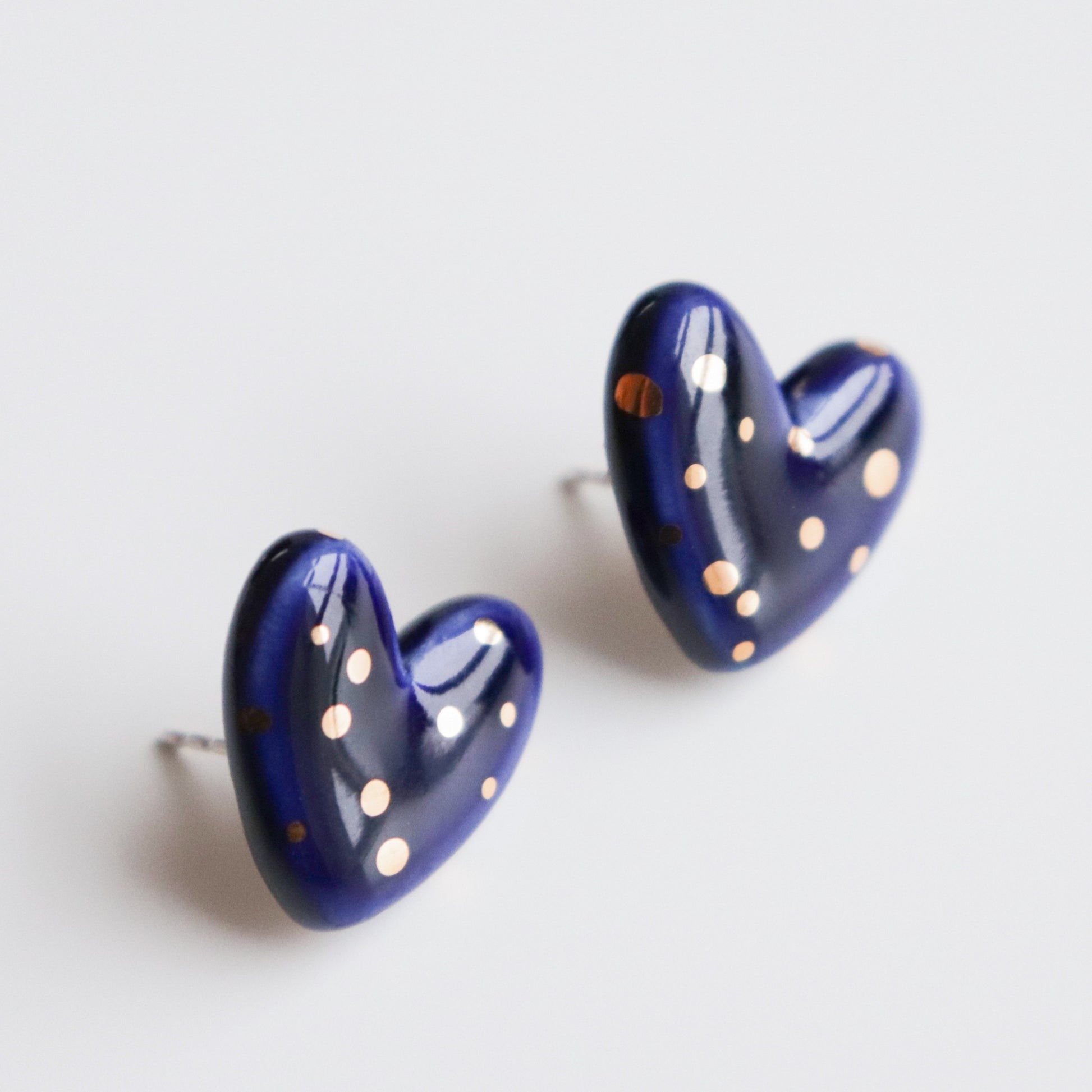 Blue Dotted Porcelain Heart Earrings