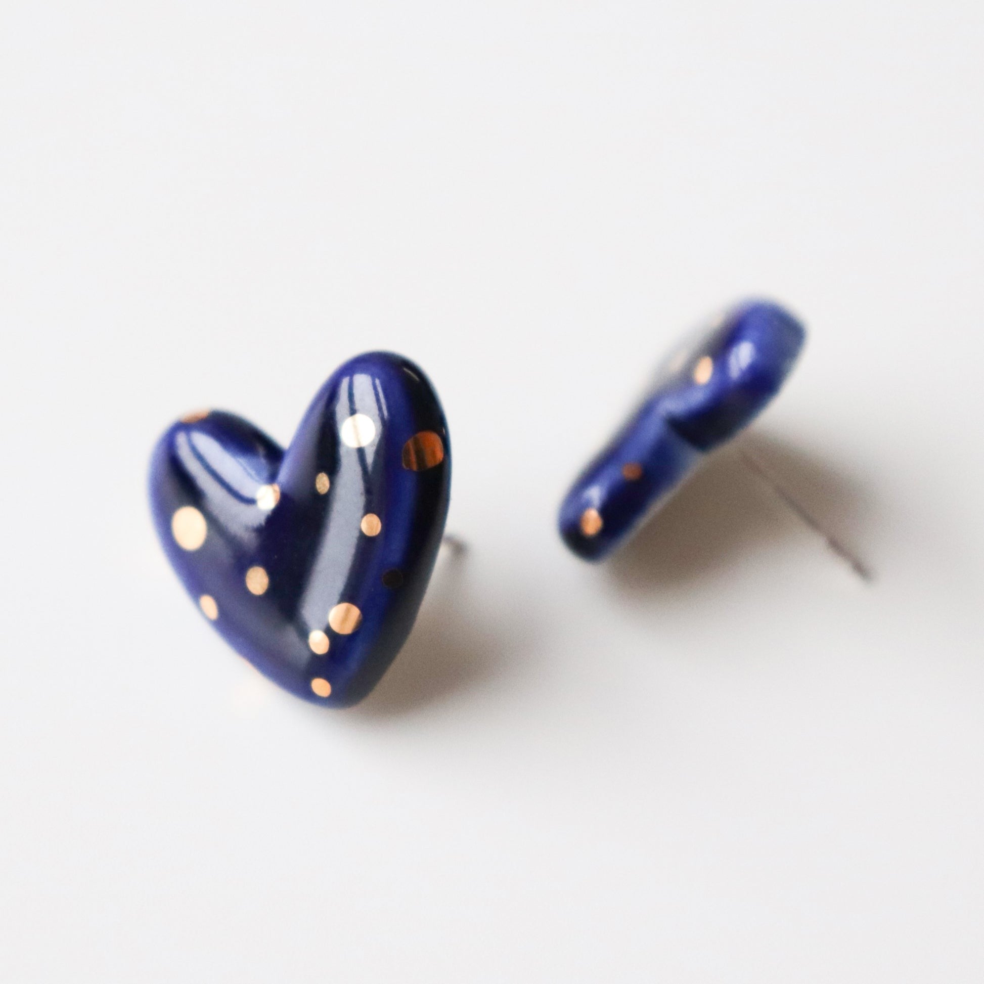 Blue Dotted Porcelain Heart Earrings