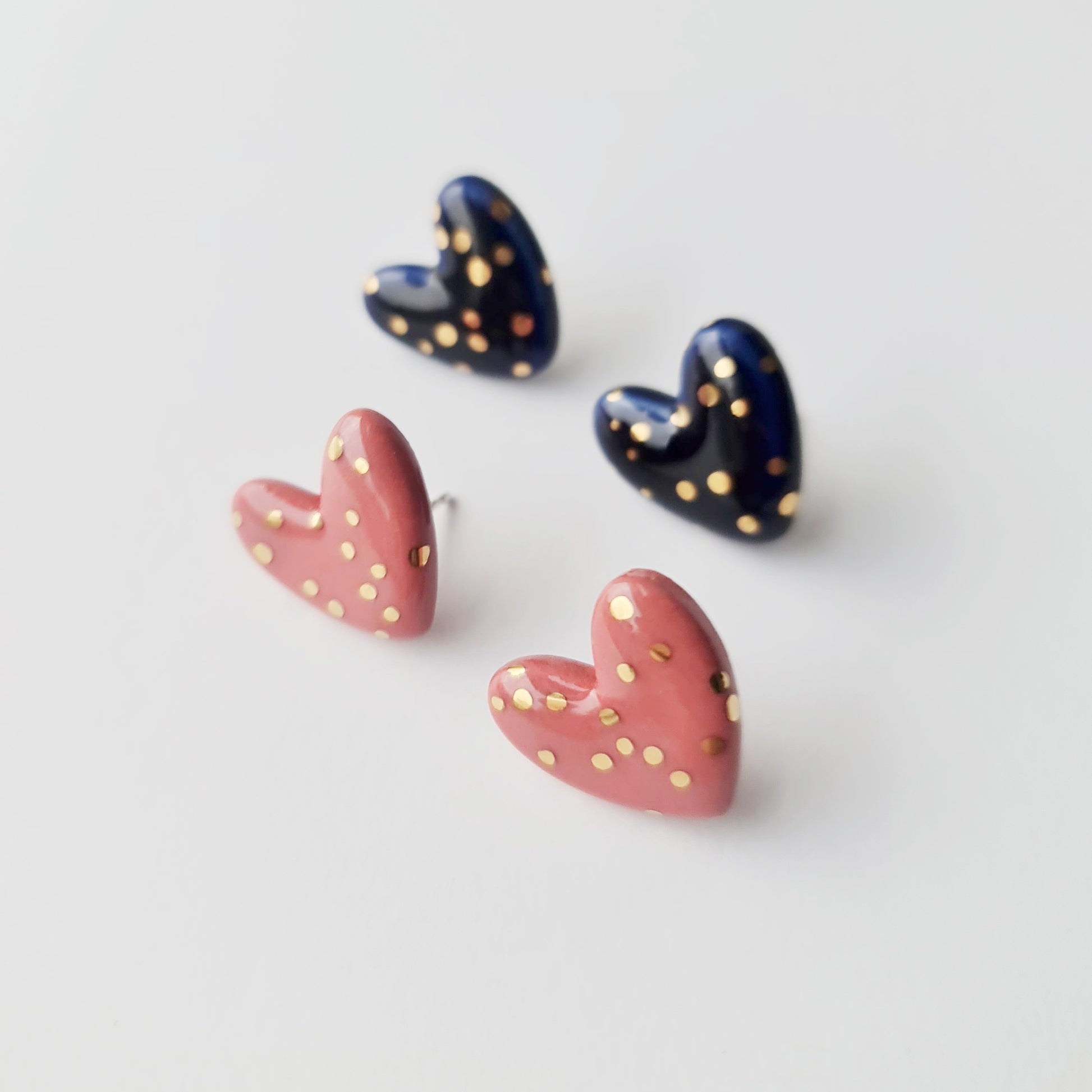 Blue Dotted Porcelain Heart Earrings