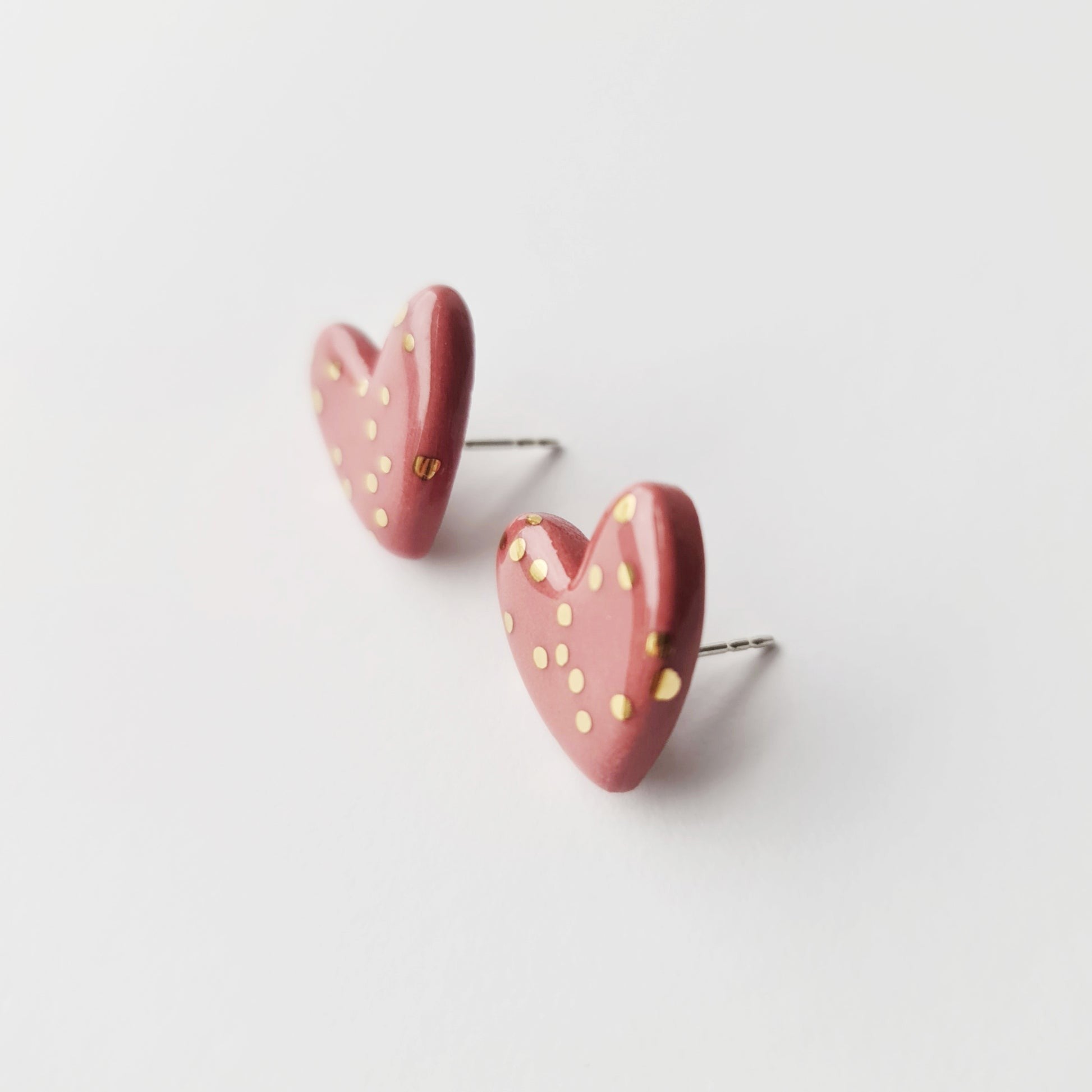 Pink Dotted Porcelain Heart Stud Earrings