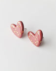 Pink Dotted Porcelain Heart Stud Earrings