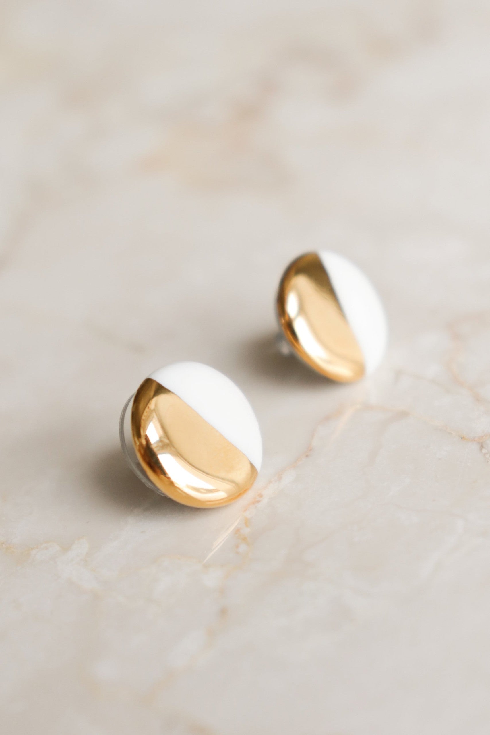 White and Gold Porcelain Stud Earrings